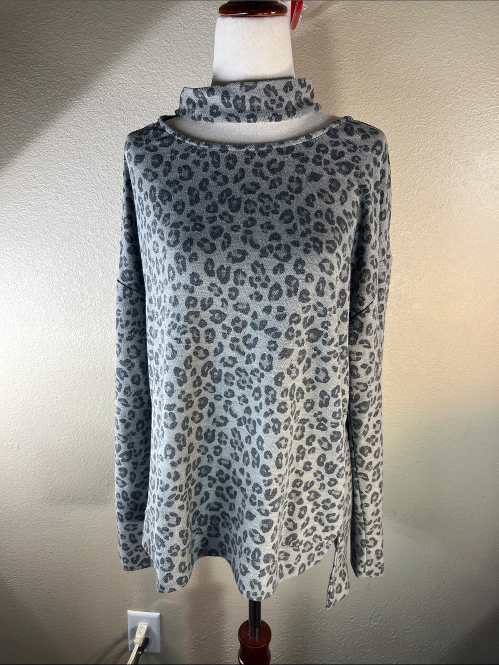 Moa Moa Grey Leopard Print Cowl Neck Sweater